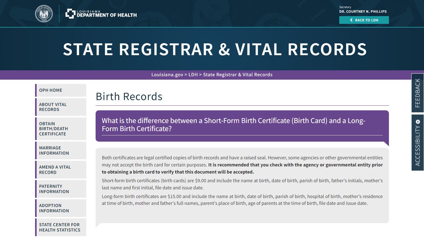 Birth Records | La Dept. of Health - State of Louisiana